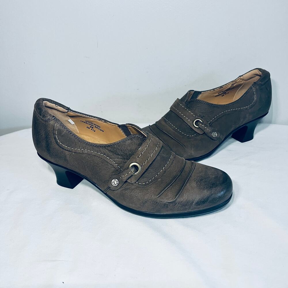 Earth Shoe Whirlwind Charcoal Brown Leather Granny Ankle Booties Heels Grunge 8B